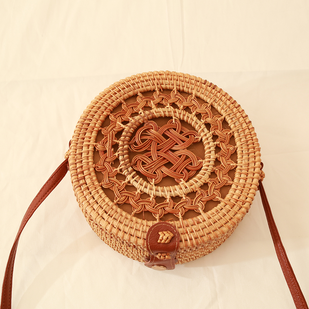 Bolso de mimbre redondo para mujer, bandolera de playa tejida a mano, bolso de viaje bohemio circular, moda de verano