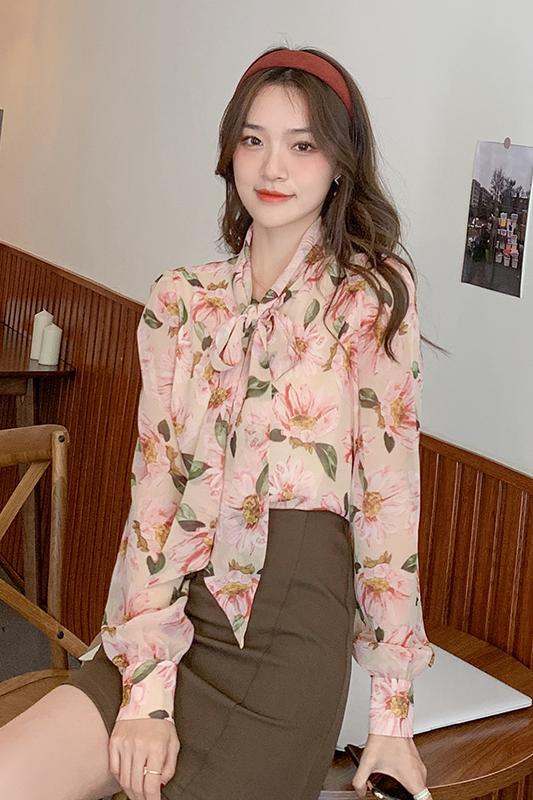 Đầu Femme 2021 Mùa Xuân Áo Sơ Mi Voan Hoa Áo Buộc Nơ Áo Sơ Mi Tay Dài Vintage Quần Áo Nữ Áo Hồng hoa