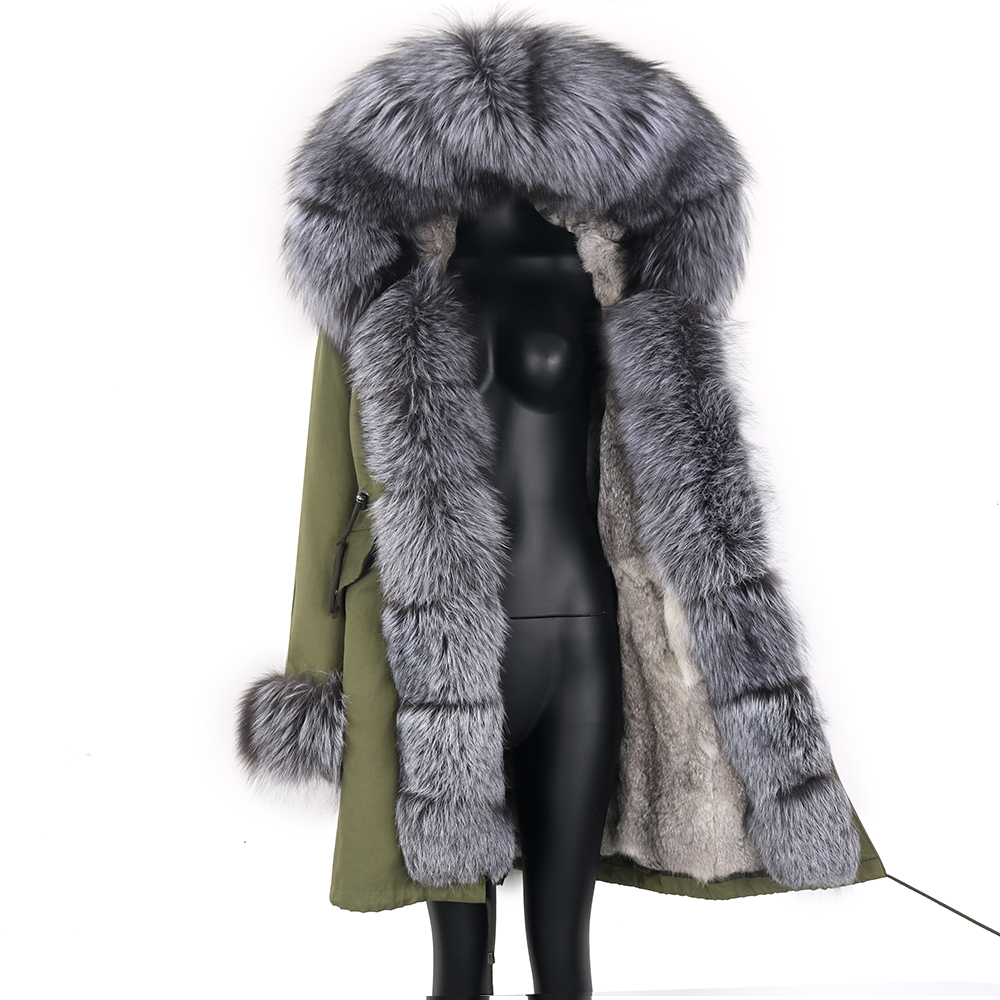 Inverno real coelho casaco de pele das mulheres jaqueta longa à prova dwaterproof água parkas rex coelho forro removível gola de pele de guaxinim com capuz outwear