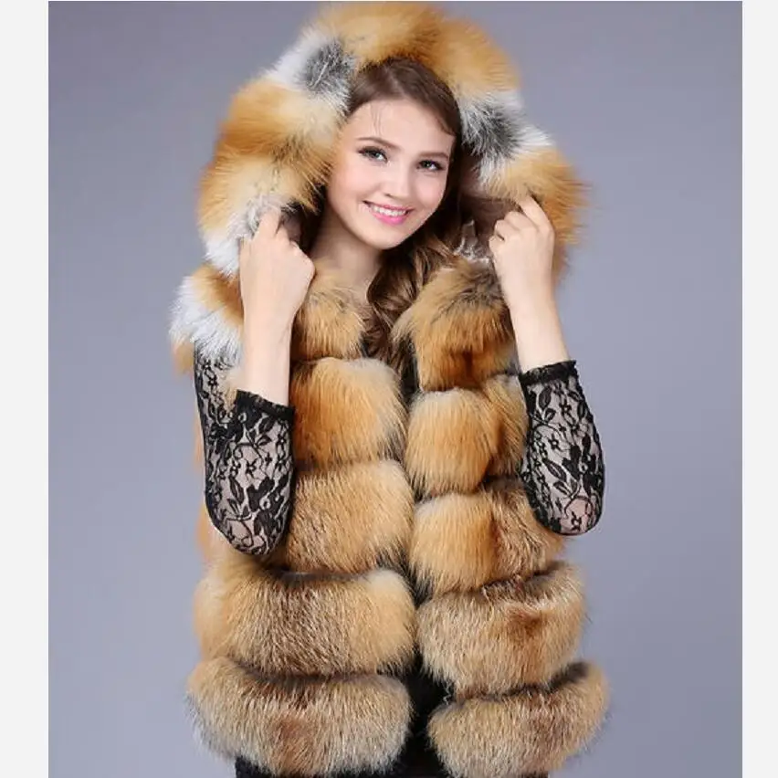 t styNatürliche Kapuzenweste aus rotem Fuchspelz, Hutweste mit silbernem Fuchs, echtes Fuchspelz, hergestellte Westen, warm, lässig, europäisch, Straßenmode
