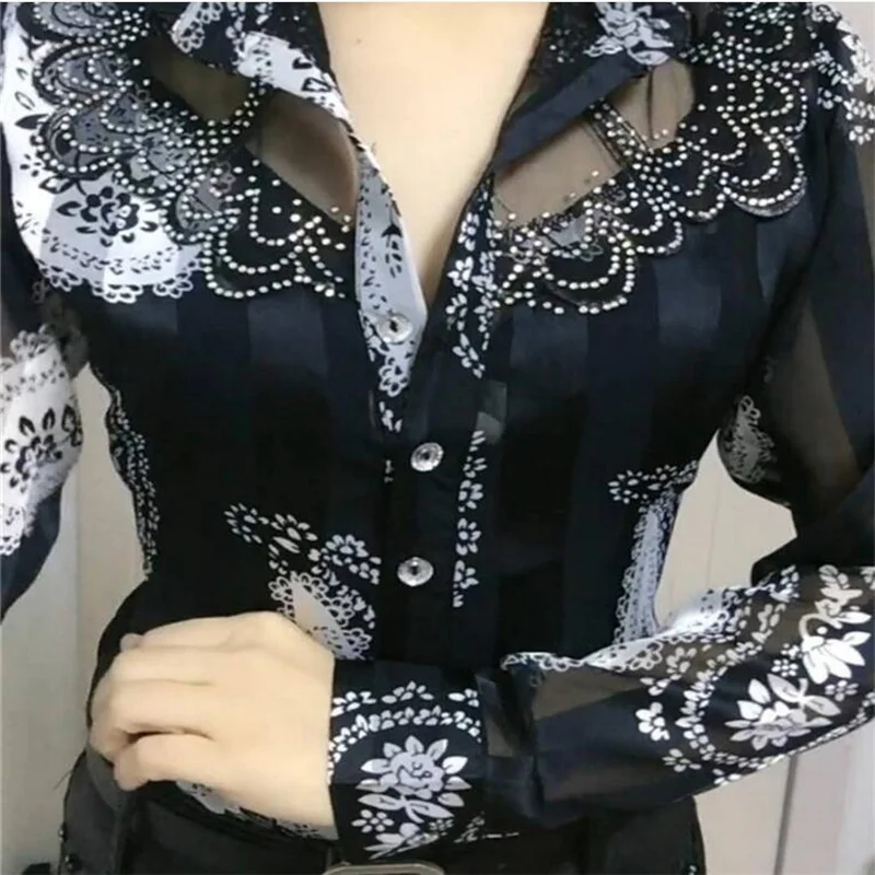 Đồng Hồ Nữ Áo Mùa Hè Ren Áo Sơ Mi Voan Lưng Khâu In Có Nút Blusas Offce Nữ Áo Sơ Mi Chemises Fleurs