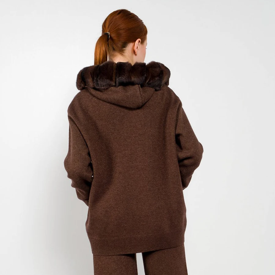 Suéter de punto de piel Real para mujer, jersey de moda de otoño e invierno, cuello de piel de conejo Rex Natural, Sudadera con capucha informal cálida