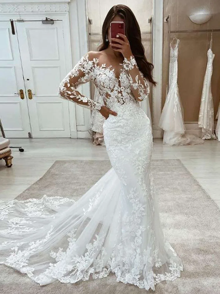 LORIE Boho ชุดแต่งงานลูกไม้นางเงือกแขนยาวชุดแต่งงาน Vintage สีขาวงาช้าง Custom Made หรูหราชุดเจ้าสาวที่กําหนดเอง