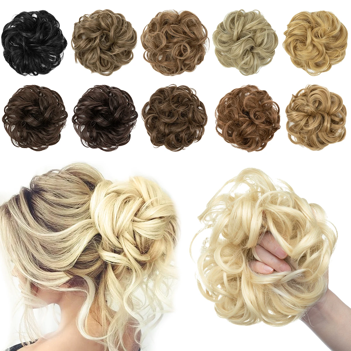 Moño de pelo sintético desordenado para mujer, banda para el pelo falso, coleta elástica trenzada, envoltura sintética, cola de caballo rizada
