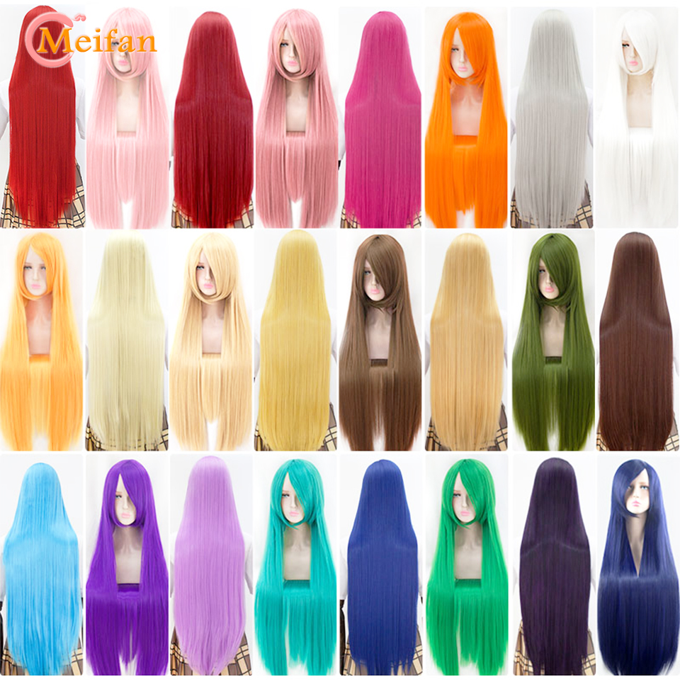 MEIFAN Dài Thẳng Lolita 100CM Tóc Giả Tóc Tổng Hợp Anime Cosplay Nâu Đen Hồng Tím Tóc Giả Cho Đen/Trắng phụ Nữ