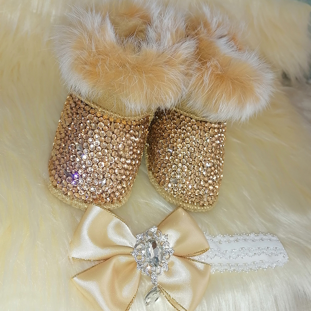 Diadema con lazo hecha a mano, botas de nieve con diamantes de imitación para niña, zapatos de invierno, peine, primer andador, cristal ostentoso, regalo de ducha de princesa