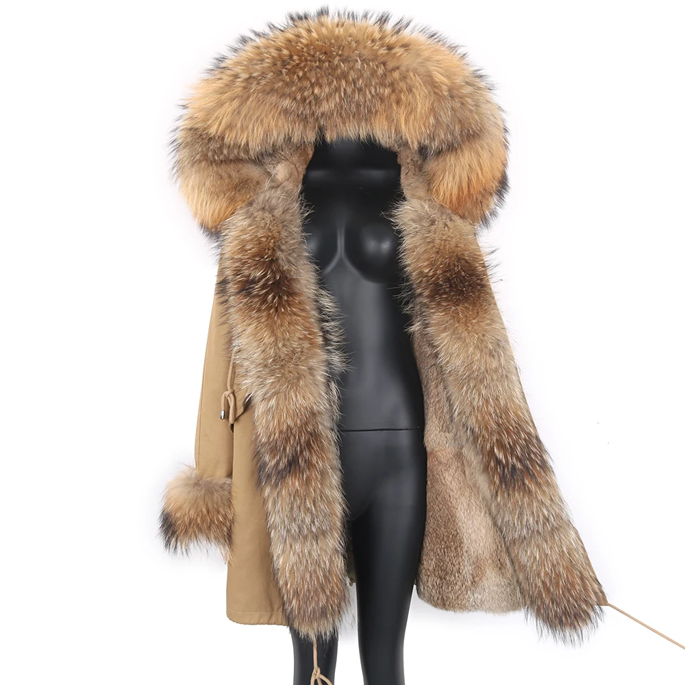 Inverno real coelho casaco de pele das mulheres jaqueta longa à prova dwaterproof água parkas rex coelho forro removível gola de pele de guaxinim com capuz outwear