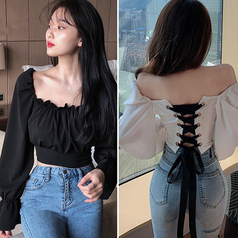 Korean Style Women's Blouses Cross Straps Sexy Slimming Bubble Long-sleeved Shirts Blouses Tops