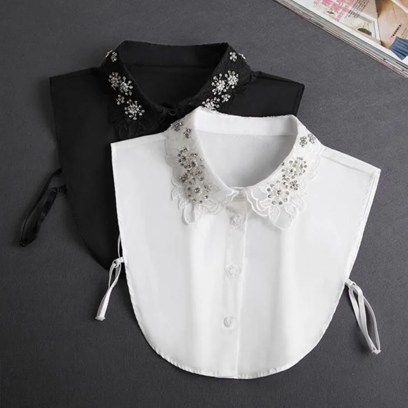 Corbata frontal, cuello falso blanco, cuentas con soporte, cuello desmontable, encaje de cristal Vintage para mujer, blusa falsa con cuello, media camisa