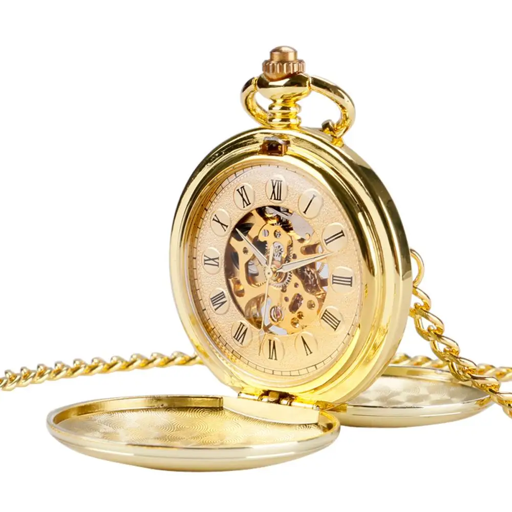 Full Gold สี Skeleton Smooth นาฬิกาพ็อกเก็ตนาฬิกา Hand Wind Mechanical ตัวเลขโรมัน FOB นาฬิกาผู้ชายคู่นาฬิกาเปิดสําหรับผู้ชายผู้หญิง
