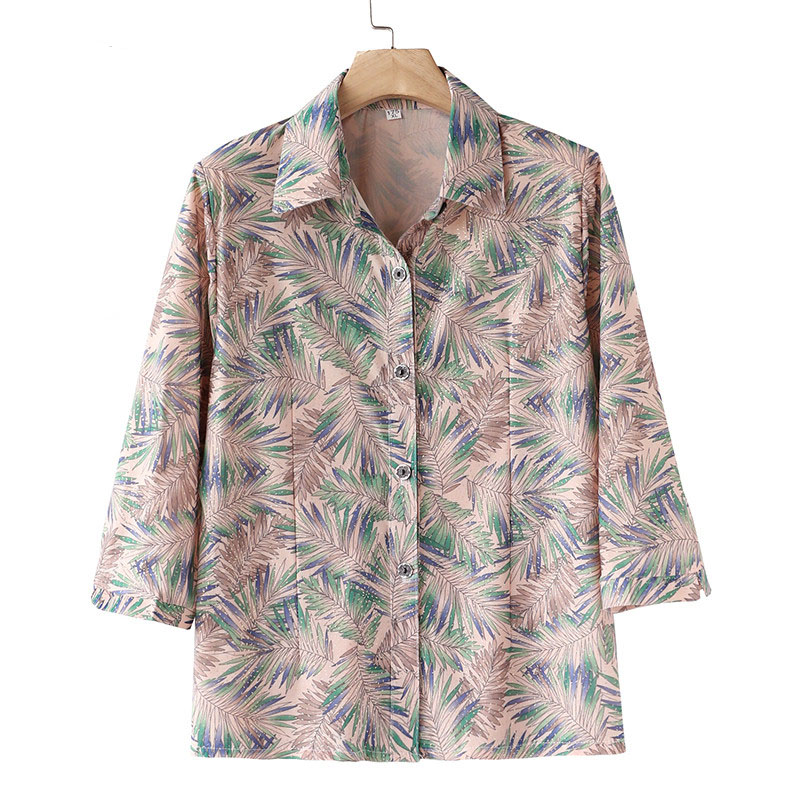 중년 여성 블라우스, 플러스 사이즈 어머니 의류, 실크 프린트 쉬폰 셔츠, 여성 상의, 가디건, 5XL, W2128, 여름 신상