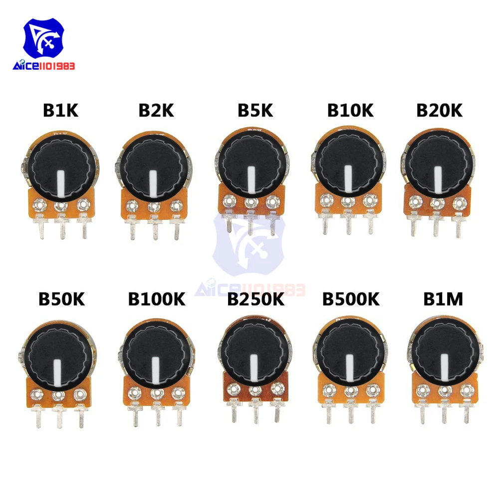 5 Pçs/lote Potenciômetro Resistor 1K 2K 5K 10K 20K 50K 100K 500K Ohm Potenciômetro Rotativo Cônico Linear de 3 Pinos para Arduino com Tampa