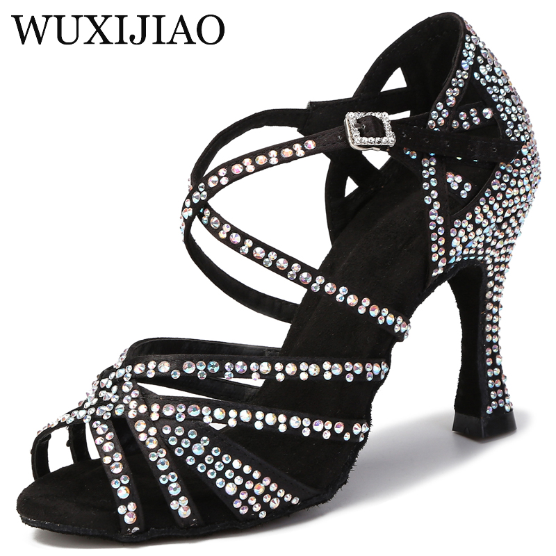 Zapatos de baile latino para mujer, calzado de satén de seda brillante con diamantes de imitación, tacones altos cubanos de 9 cm, zapatos de baile de salsa
