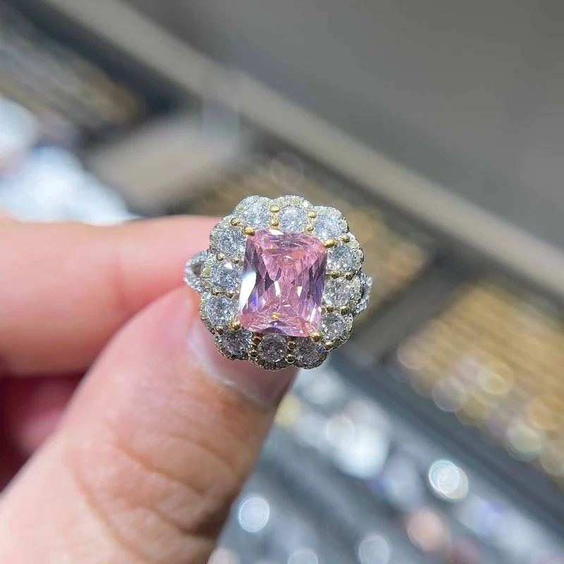 2025 permata berwarna mewah imitasi alami Argyle berlian merah muda tas persegi putri cincin wanita Aksesori Fashion