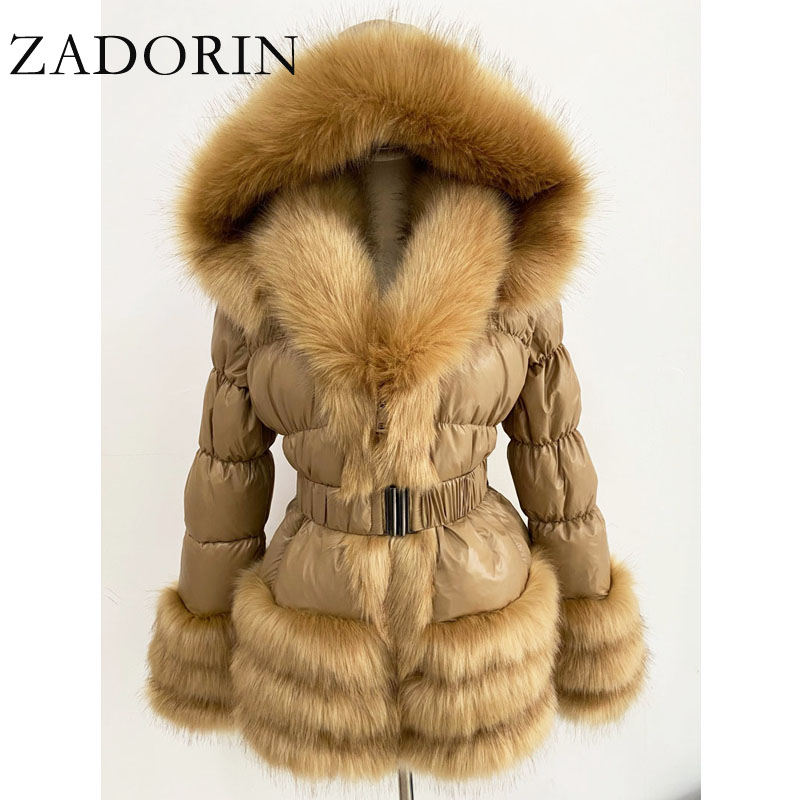 ZADORIN 2025 Winter Vrouw Kleding Warme Witte Eend Donsjack Vrouwen Afneembare Mouw en Kap Nepbontjas Zwart Puffer Jas