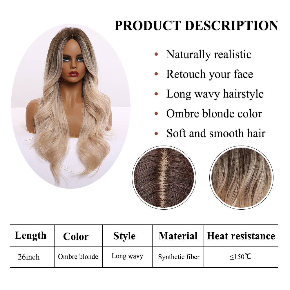 EASIHAIR Ombre Nâu Vàng Nhạt Bạch Kim Dài Lượn Sóng Trung Phần Tóc Tóc Giả Hóa Tự Nhiên Chịu Nhiệt Tổng Hợp Tóc Giả Dành Cho Nữ