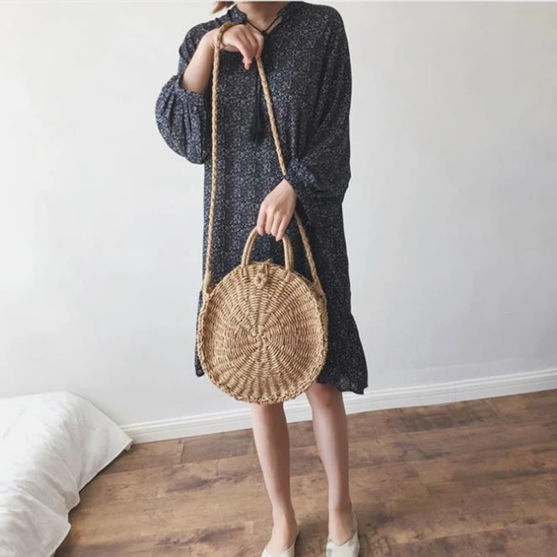 Vòng Ống Hút Túi Xách Đi Biển Vintage Handmade Đeo Vai Raffia Vòng Tròn Mây Túi Bohemian Kỳ Nghỉ Hè Áo Túi