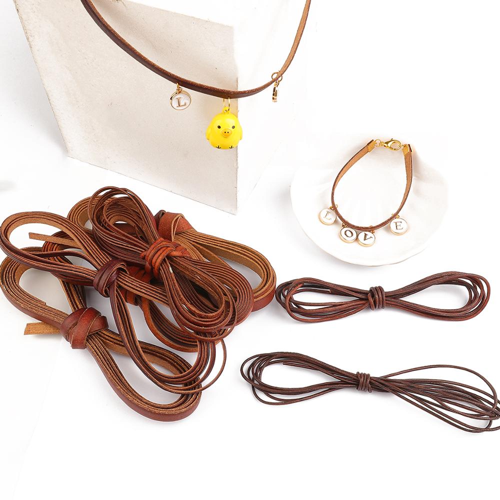 2m vintage 100% couro genuíno tira de cabo redondo/plano corda diy pulseira colar trançado artesanato jóias fazendo