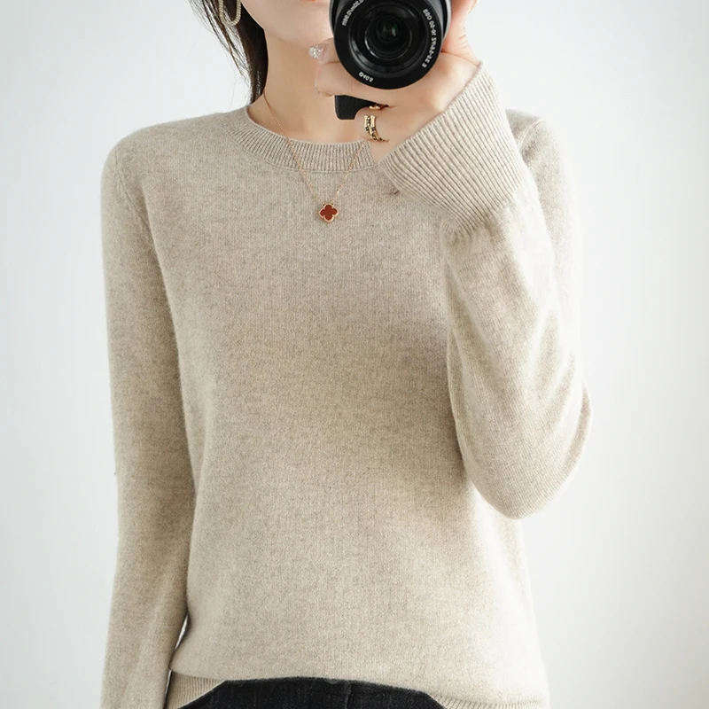BELIARST 100% suéter de lana pura para mujer, jersey con cuello redondo, Tops informales de punto, chaqueta femenina de Otoño/Invierno, moda coreana