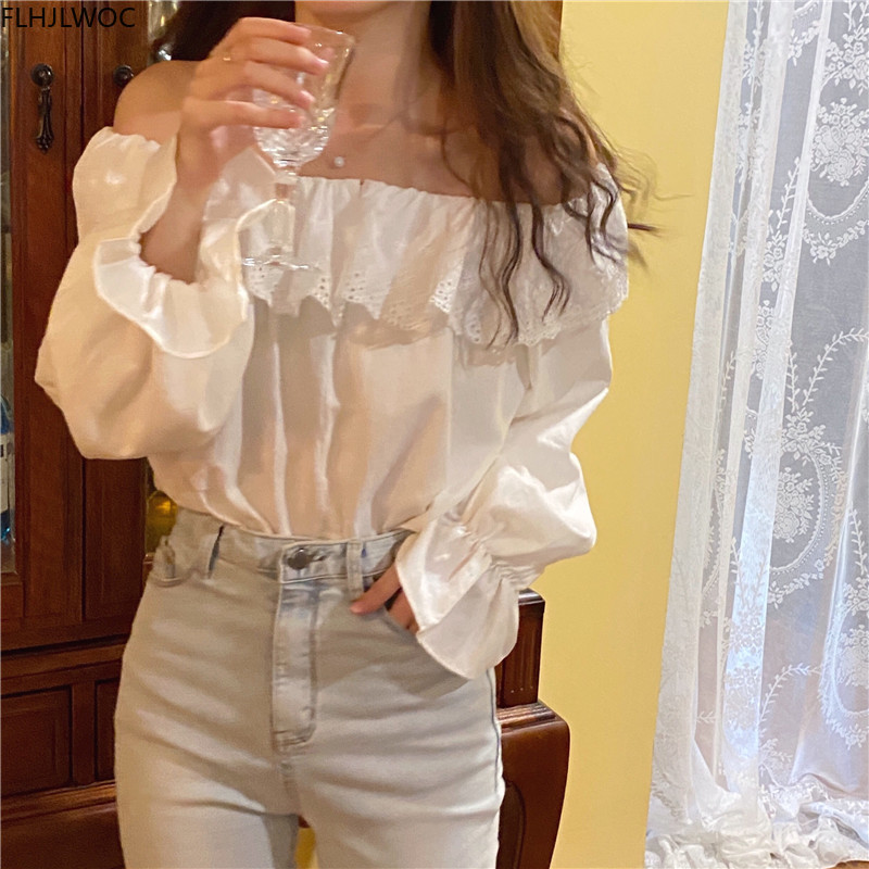Off shoulder Tops Autumn New Design Cute Sweet Girls Solid White Shirts Blouses Womens Ruffled Hollow Out White Lace Top Blusas
