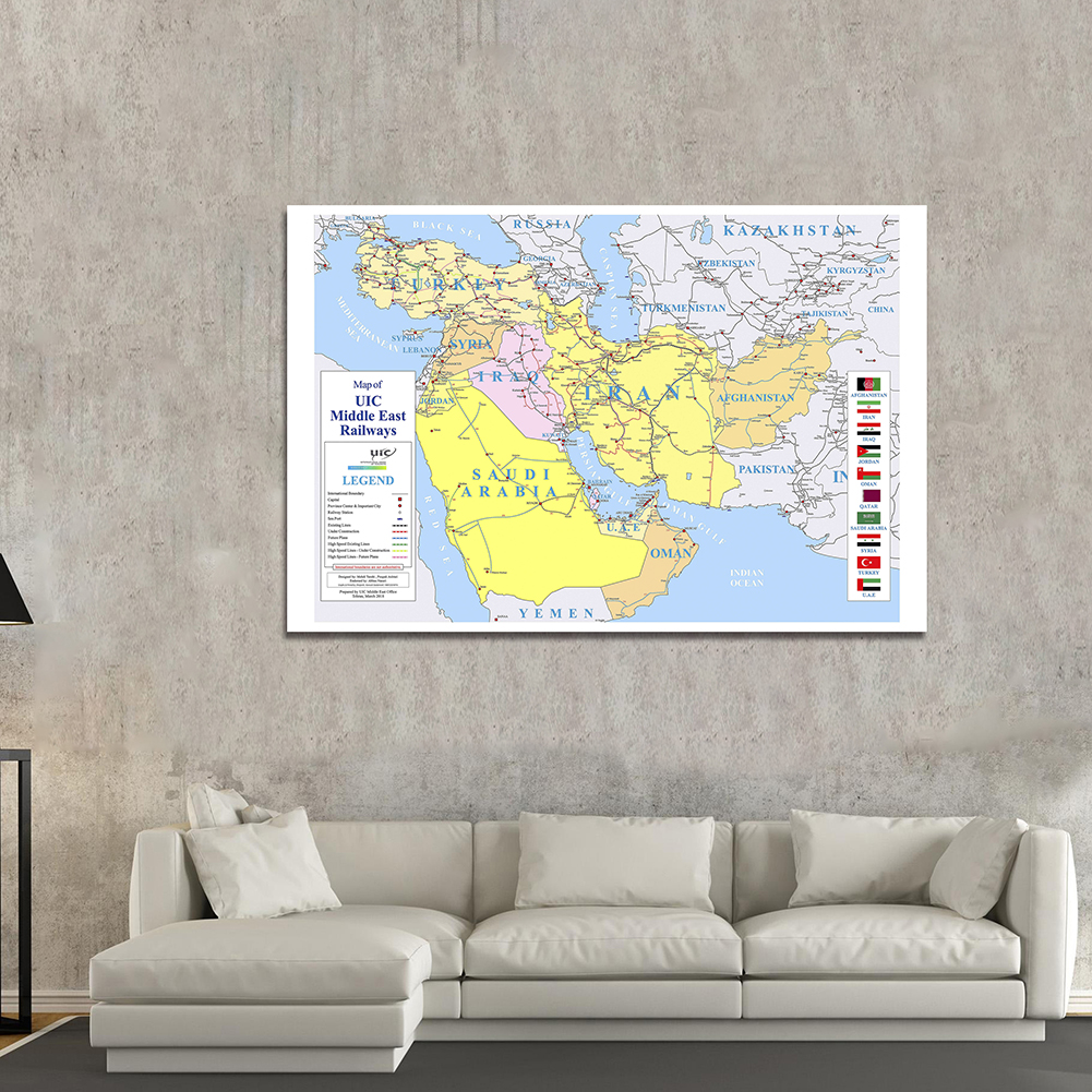 150*100 Cm Trung Đông Bản Đồ Đường Sắt Không Dệt Vải Tranh Poster Thẻ Phòng Khách Nhà trang Trí Đồ Dùng Học Tập