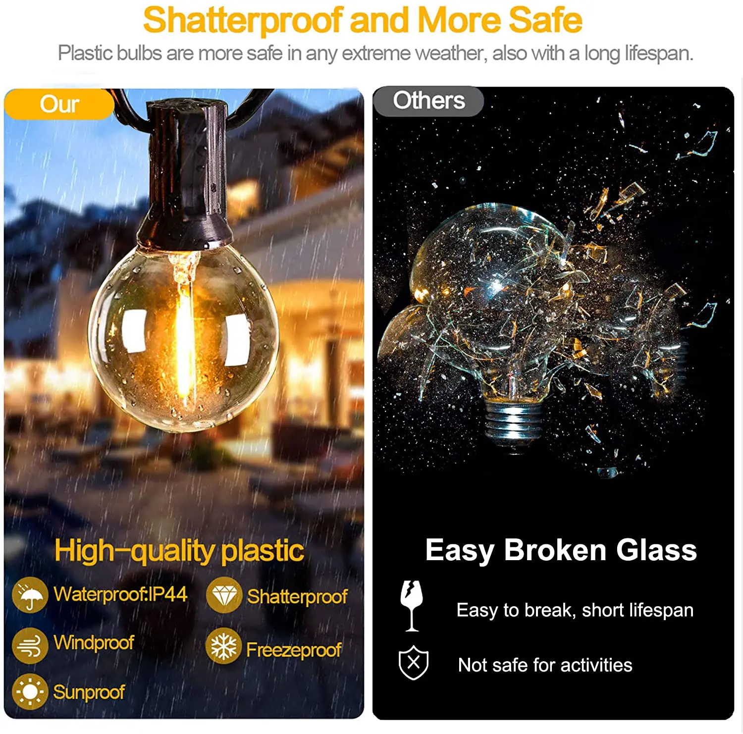 12M 30 LED G40 Luci a corda solari Luci da patio per esterni Luci a sospensione a globo impermeabili alimentate a energia solare e USB con infrangibile