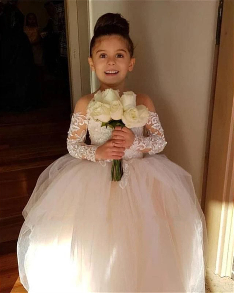 ใหม่เจ้าหญิงดอกไม้สาวชุดสำหรับงานแต่งงานเด็กลูกไม้ Applique Ball ชุดสาวชุดพิธีแขน Vestido