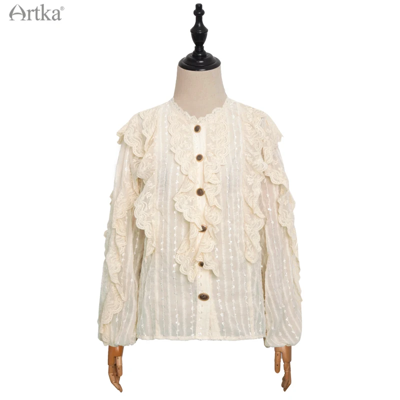 ARTKA-우아한 레이스 궁전 스타일 블라우스 화이트 셔츠 SA28012C, 레이스 프릴 랜턴 슬리브, 2021 봄 신제품
