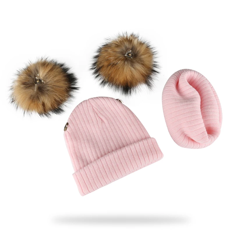 Chapéu e lenço de pompom duplo infantil para crianças, pele de guaxinim natural, boné de bebê, pompom genuíno, acessórios infantis, inverno
