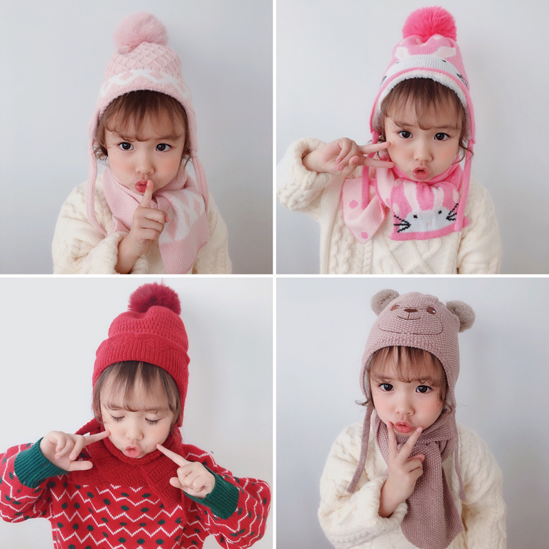 Mädchen Süße Zwei Stücke Hut Schal Set Kappe kinder Hüte Baby Jungen Caps Gefälschte Ball Pompon Halten Warme Winter gestrickte Skullies Kinder