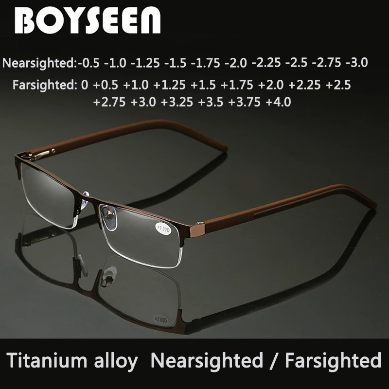 Gafas de lectura BOYSEEN de aleación de titanio +0,5 a +4,0, lentes no esféricas recubiertas de 12 capas, gafas para miopía de negocios de 0 a 3,0
