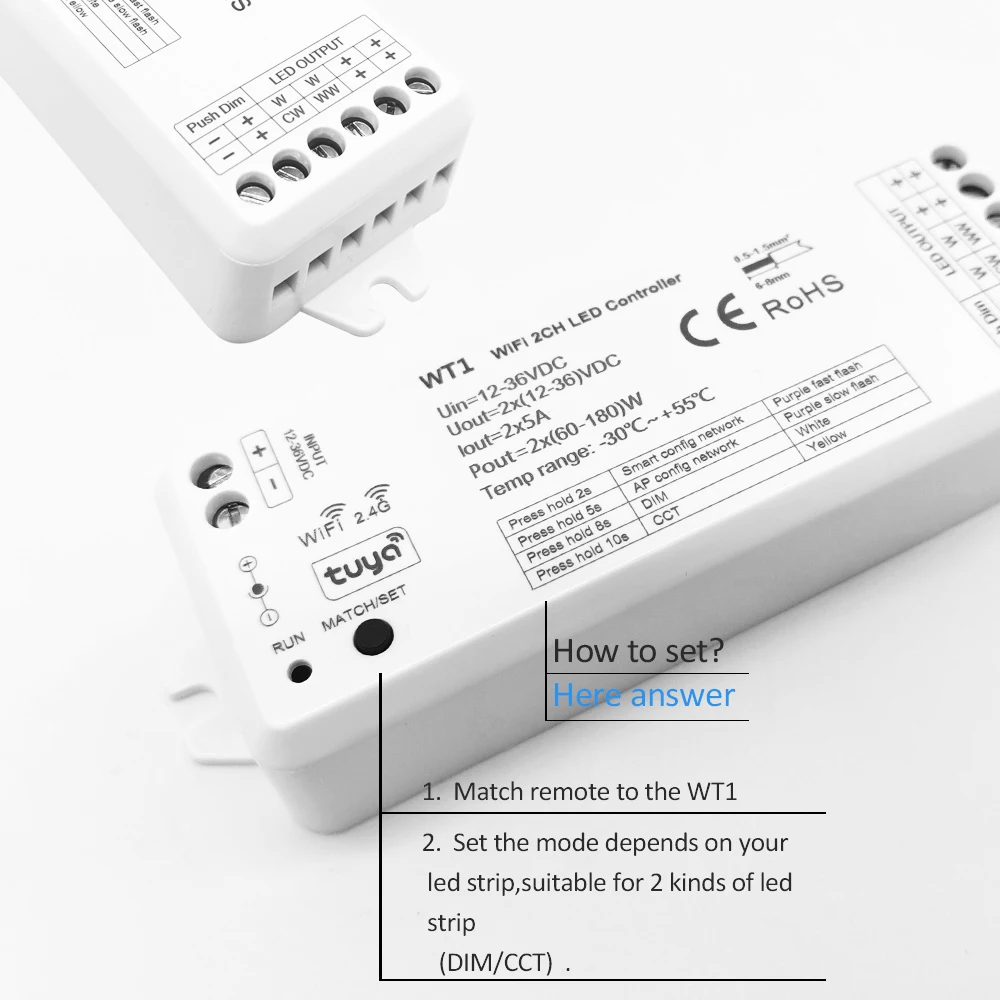 Tuya CCT LED Strip Dimmer Switch 12V DC Wireless 2.4G RF WW CW Controller Work with Smart Life Google Assistant 2 Channel WT1