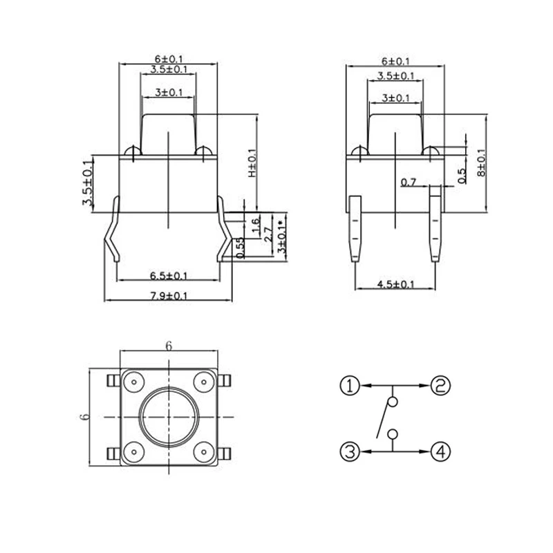 50 Uds 6x6mm táctil Mini interruptor de botón PCB Panel momentáneo DIP 4 pines interruptor de reinicio automático 6*6*4,3/5/6/7/8/9/10/11/12/13MM