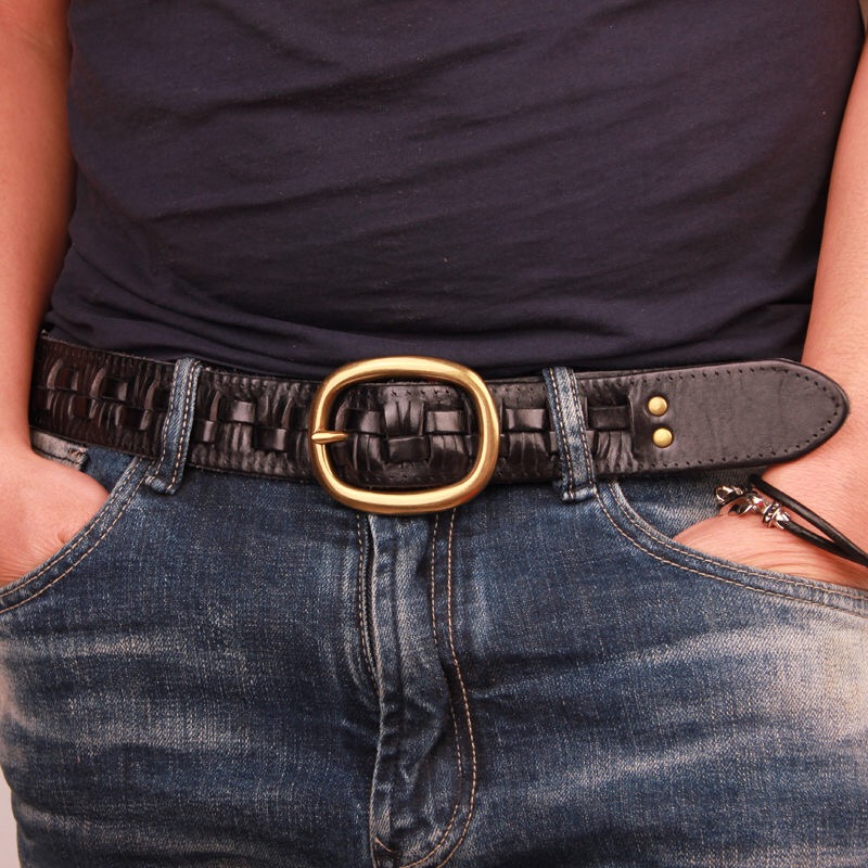 Cinturón Vintage de lujo hecho a mano con hebilla de cobre para hombre, cinturón suave de cuero de vaca Retro que combina con todo, informal
