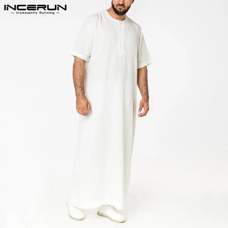 Incerun男性イスラム教徒のカフタン半袖固体oネックjubbaトーブアバヤ中東ドバイサウジアラビアイスラムメンズローブs-5XL
