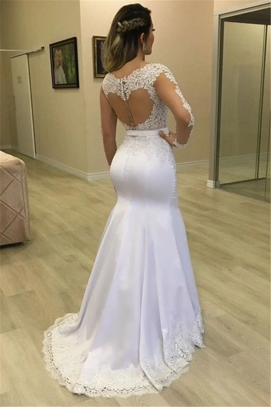 Abiti da sposa a sirena a maniche lunghe trasparenti vedere attraverso la schiena abiti da sposa personalizzati in due pezzi abiti modesti De Novia