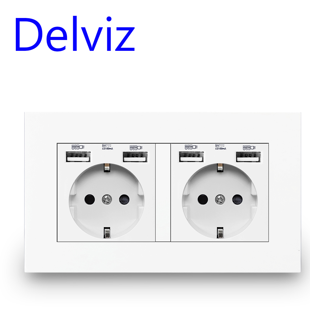 Delviz EU Standard USB socket, Double Outlet,16A Quality power panel AC 110~250V 146mm * 86mm,Double frame Wall USB Power Outlet