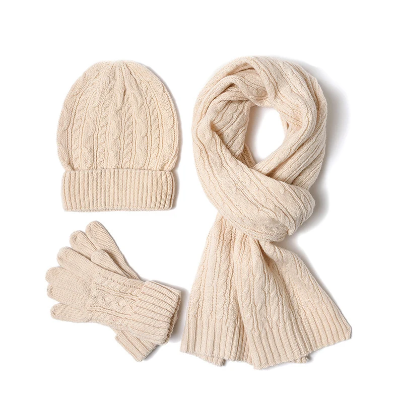 3PC ถักหมวกผ้าพันคอถุงมือชุดสำหรับสตรีฤดูหนาว Warm Wool Twist หมวก Gorros Bonnet Solid Headband ถักผ้าพันคอใหม่ปีของขวัญ