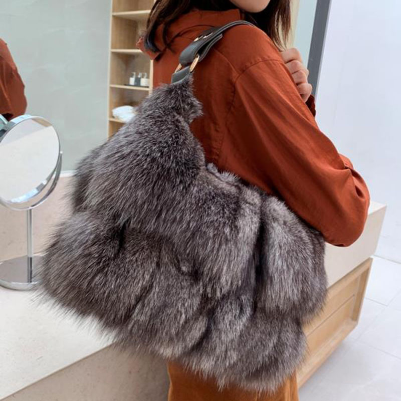 Frauen Winter Echten Fuchs Pelz Handtasche Luxus Echten Pelz Party Tasche Tote Designer Hohe Qualität Echt Silber Fuchs Pelz Handtaschen Weibliche