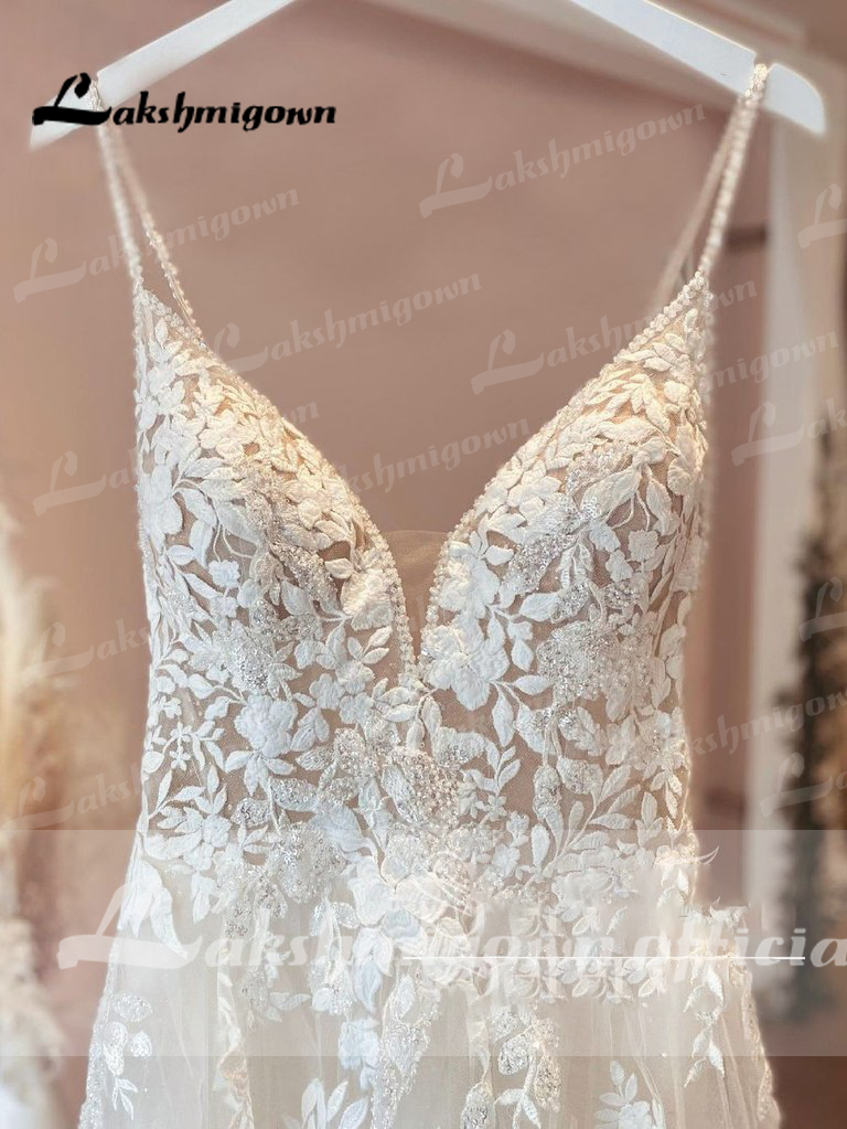 Vestido de noiva vintage com alças espaguete, vestido de noiva com decote em v, tule, praia, trouwjurk personalizado