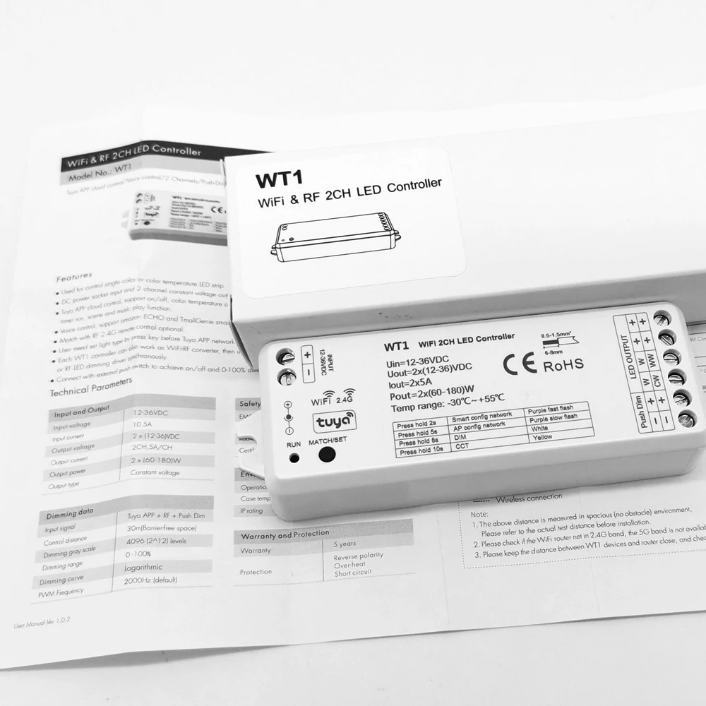 Tuya CCT LED Strip Dimmer Switch 12V DC Wireless 2.4G RF WW CW Controller Work with Smart Life Google Assistant 2 Channel WT1
