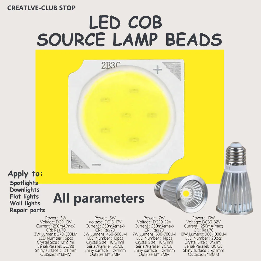 10 Uds 3W/5W/7W/10W cuentas de luz LED COB Chip de fuente LED 13mm para bombilla de luz LED lámpara de foco lámparas de luz lámpara de diodo