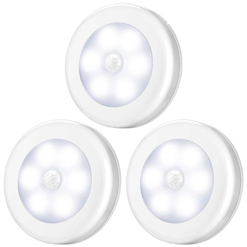 Veilleuse de Nuit à LED avec Capteur de Mouvement, Alimentée par Batterie, Lampe Ronde Sans Fil, de Meuble de Rangement, Éclairage de Chevet, pour Chambre à Coucher, Placard