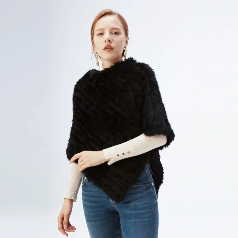 Moda pulôver de pele para as mulheres de malha de pele de coelho genuíno poncho capes senhoras malha de pele real amic envolve xales triângulo jaquetas