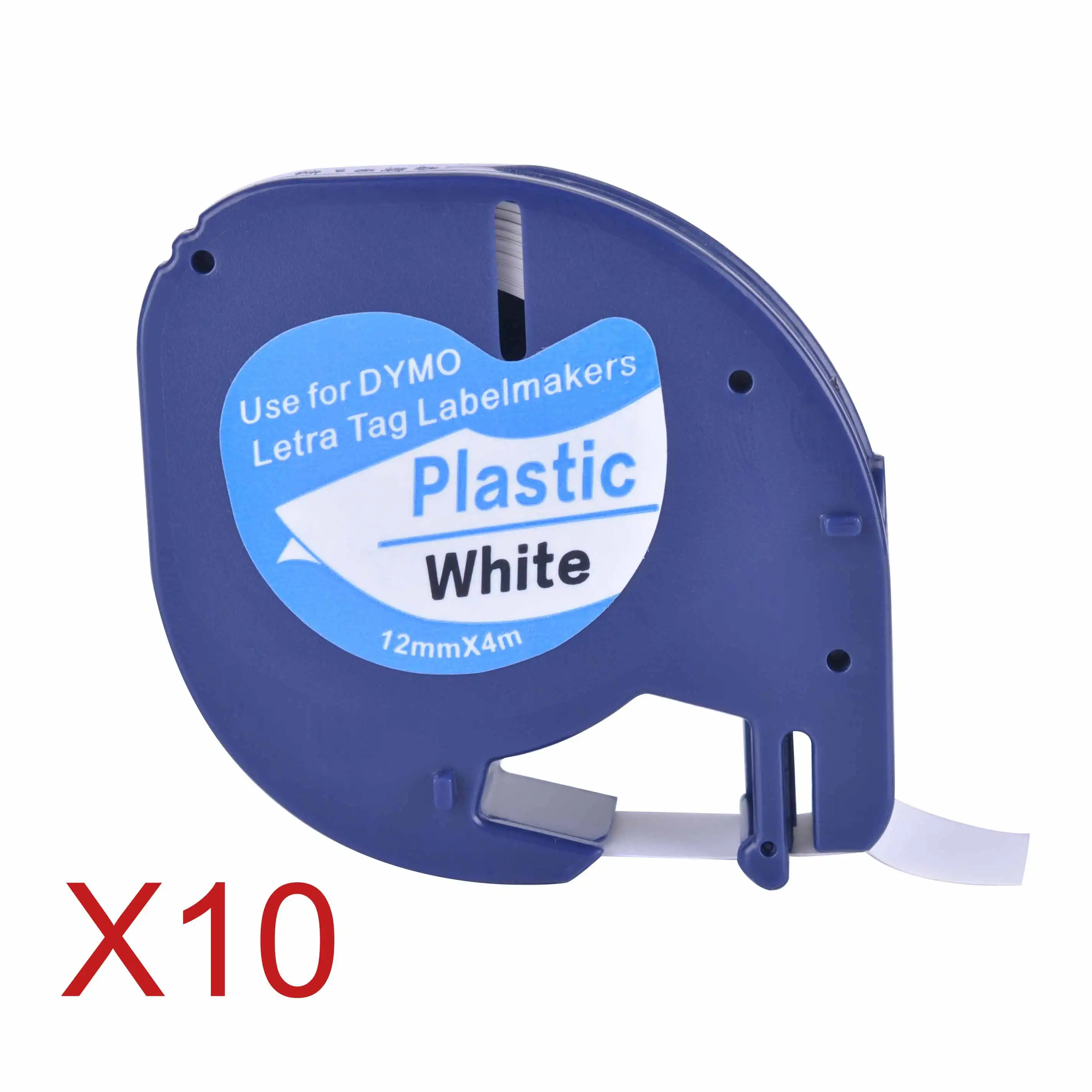 10 cintas de etiquetas de plástico compatibles Dymo LetraTag 91201 negro sobre blanco (12 mm x 4 m) 91201 91221 59422 S 0721660