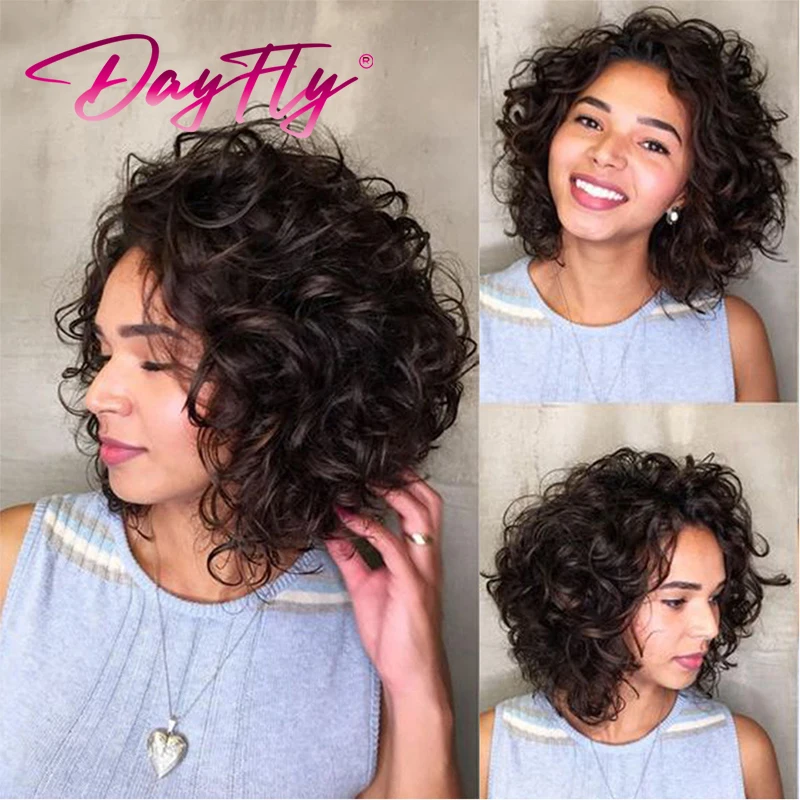 Pacotes de tecelagem de cabelo brasileiro com fechamento, Bouncy Curly Cabelo Humano, 4x1 T Part, 6 Pacotes de extensões de cabelo