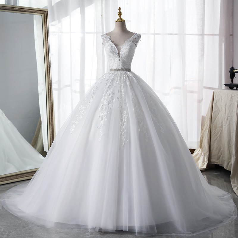 Spitze Brautkleid klassisches Brautkleid mit V-Ausschnitt und Hofzug sexy rücken freies Ballkleid 14 Farben Robe de Mariee Plus Size