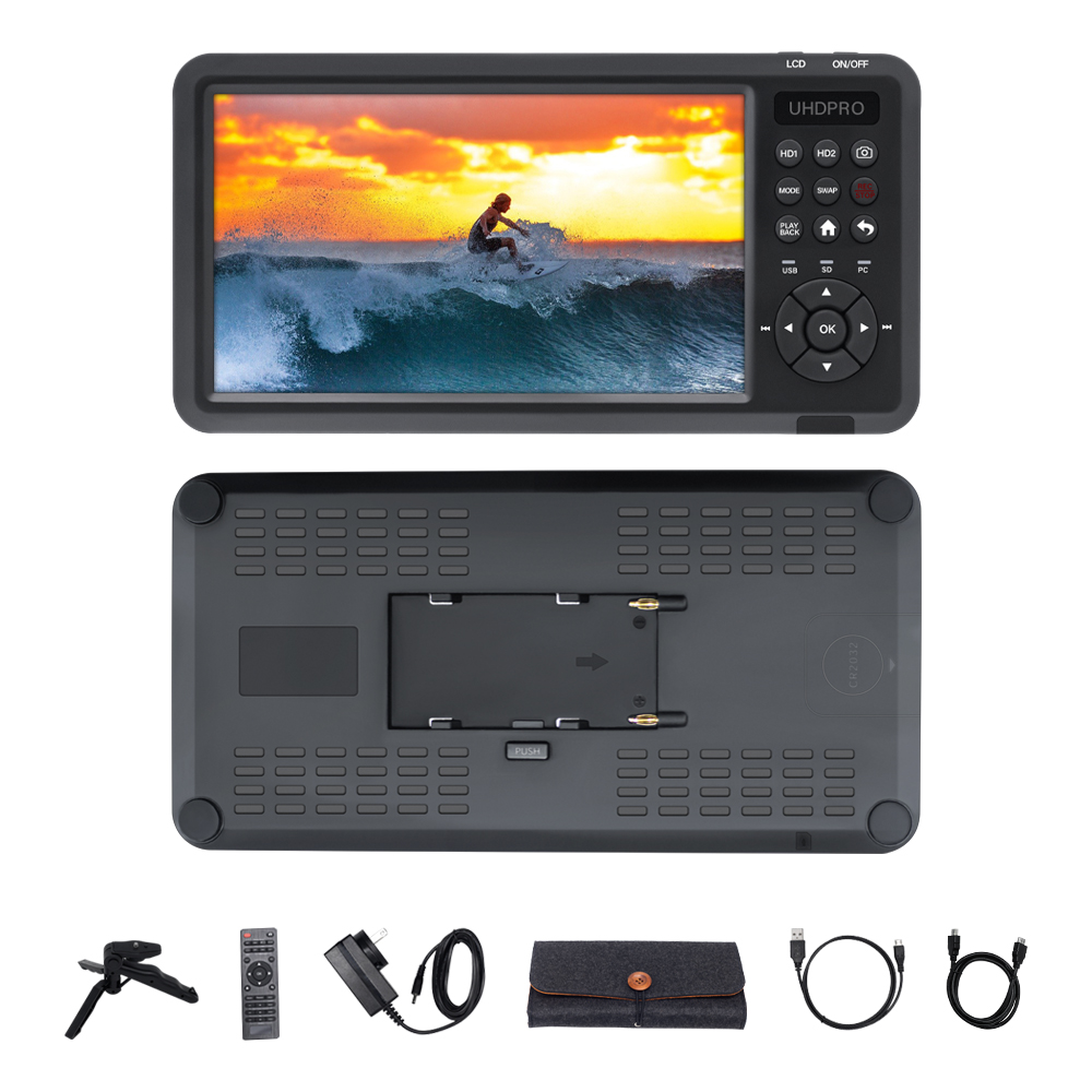 UNISHEEN 7-дюймовый экран, коробка для захвата видео, 2-канальный HDMI-рекордер, аккумулятор, розетка, лента CVBS AV RCA SVideo DVI VGA YPbPr 1080p HD 4k