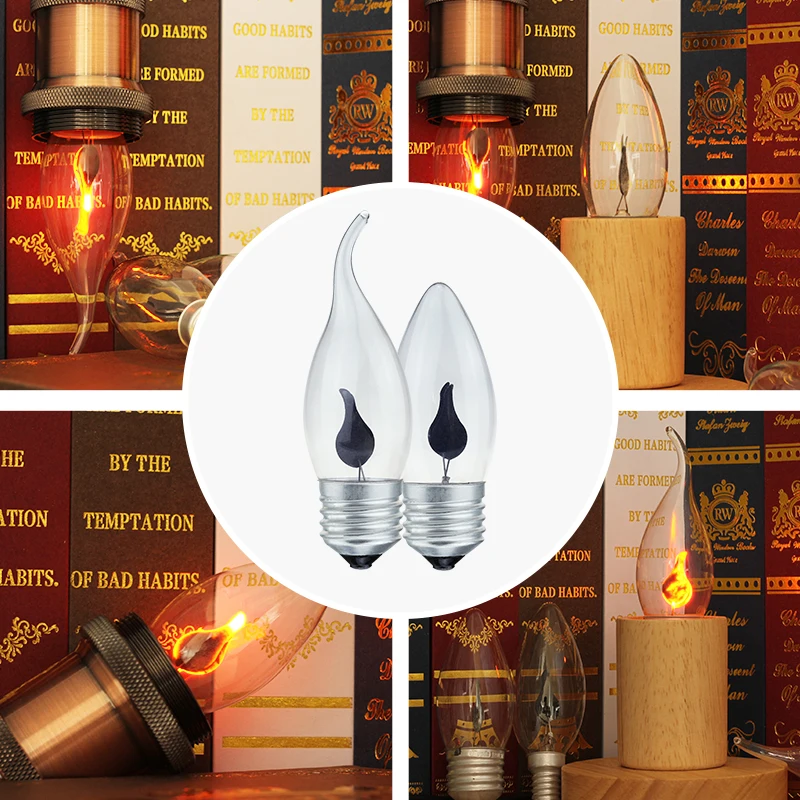 Đèn LED Ngọn Lửa Đèn E27 E14 Edison Bóng Đèn AC 220V Retro Vintage Lửa Chiếu Sáng 3W Đèn Dây Tóc trang Trí Chiếu Sáng