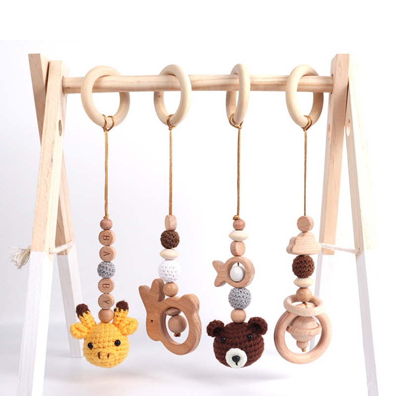 4 Pcs Beech ไม้ Baby Play Gym กรอบทารกแรกเกิดกิจกรรม Fitness Rack แขวนจี้ของเล่นโครเชต์ Rattle Teether เด็กห้อง decor